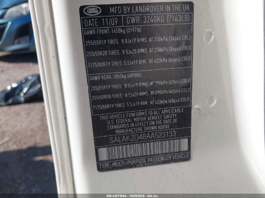 2010 Land Rover Lr4 VIN: SALAK2D48AA523133 Lot: 43575554