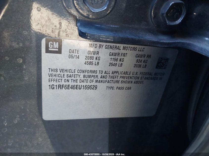 2014 Chevrolet Volt VIN: 1G1RF6E46EU169629 Lot: 43575555