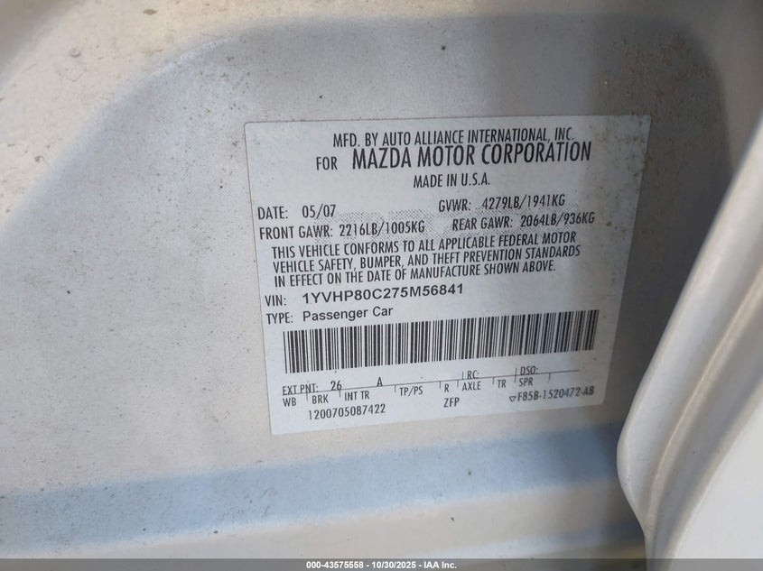 2007 Mazda Mazda6 I Sport Ve VIN: 1YVHP80C275M56841 Lot: 43575558