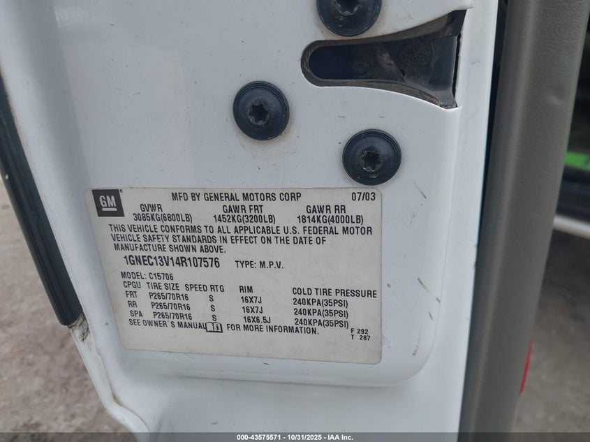 2004 Chevrolet Tahoe Ls VIN: 1GNEC13V14R107576 Lot: 43575571