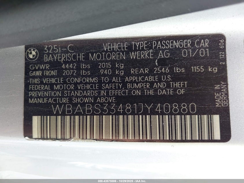 2001 BMW 325Ci VIN: WBABS33481JY40880 Lot: 43575586