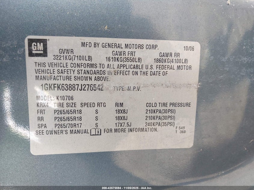 2007 GMC Yukon Denali VIN: 1GKFK63887J276542 Lot: 43575594
