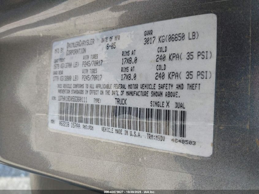 2005 Dodge Ram 1500 Slt/Laramie VIN: 1D7HA18D05S360111 Lot: 43575627