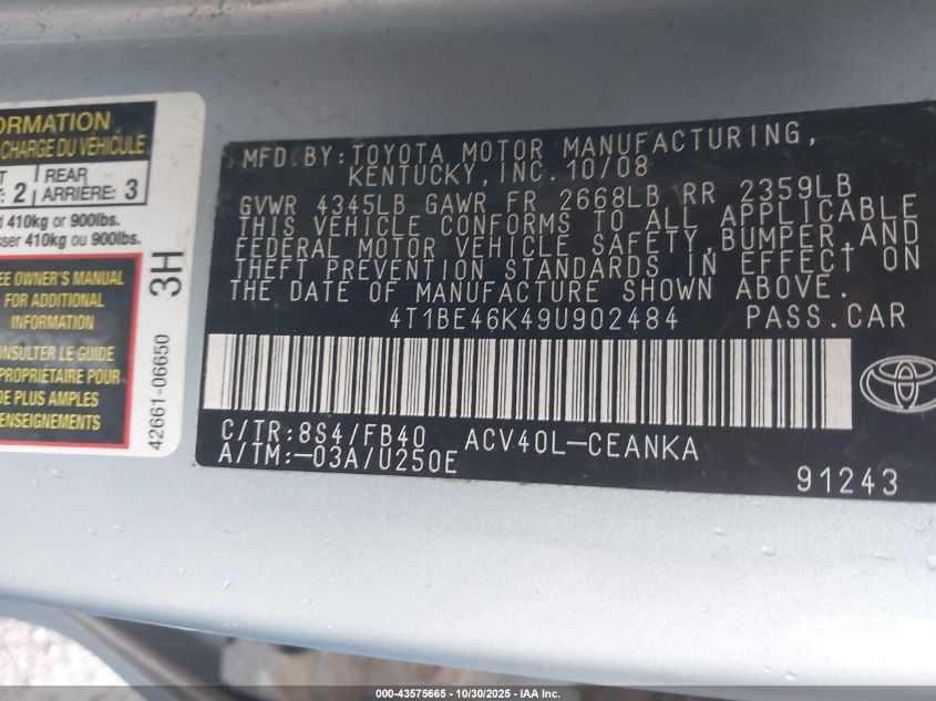 2009 Toyota Camry Le VIN: 4T1BE46K49U902484 Lot: 43575665