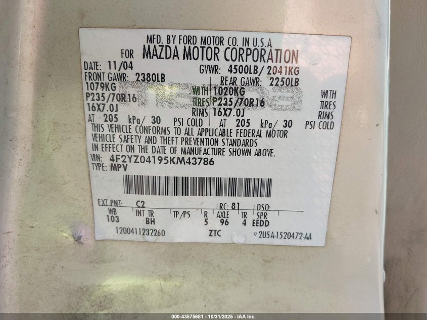 2005 Mazda Tribute S VIN: 4F2YZ04195KM43786 Lot: 43575681