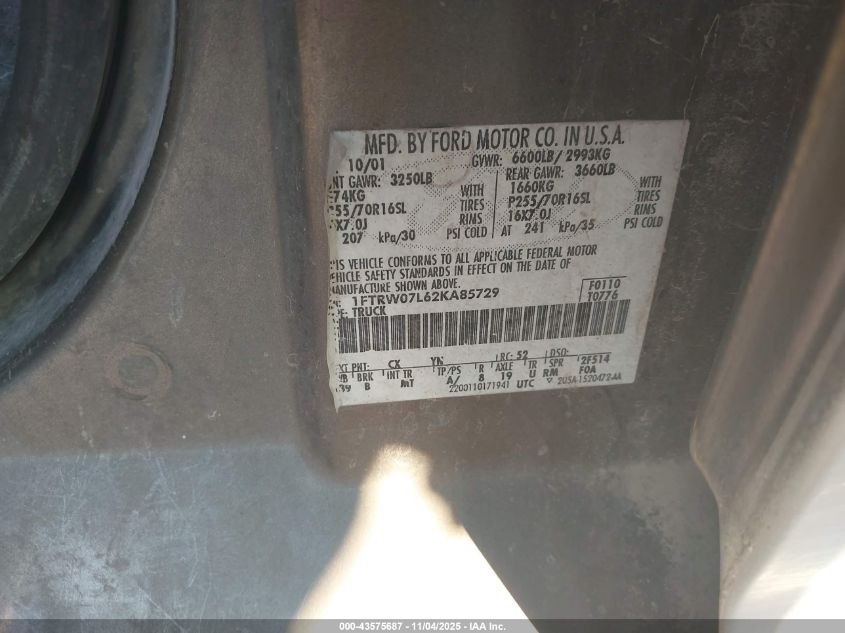 2002 Ford F-150 Lariat/Xlt VIN: 1FTRW07L62KA85729 Lot: 43575687