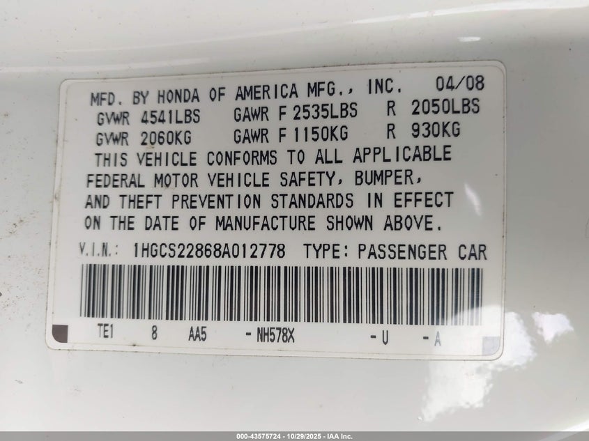 1HGCS22868A012778 2008 HONDA ACCORD photo no. 9