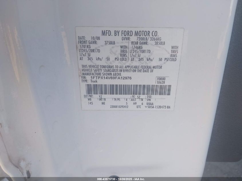 2009 Ford F-150 Fx4/Lariat/Xl/Xlt VIN: 1FTPX14V69FA12976 Lot: 43575730
