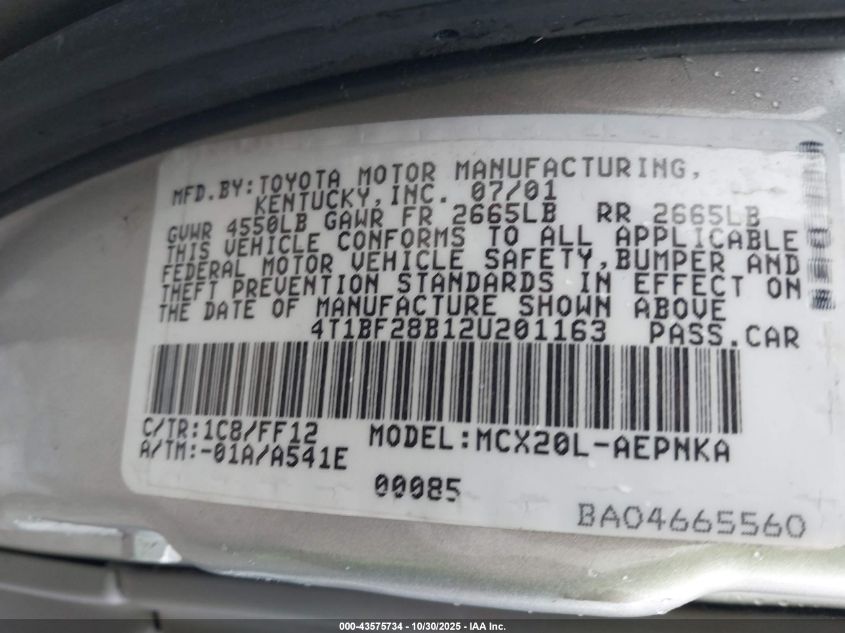 2002 Toyota Avalon Xl VIN: 4T1BF28B12U201163 Lot: 43575734