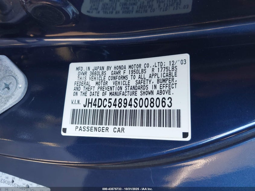 2004 Acura Rsx VIN: JH4DC54894S008063 Lot: 43575733