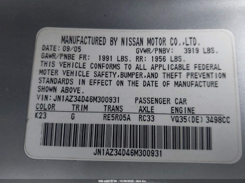 2006 Nissan 350Z Enthusiast VIN: JN1AZ34D46M300931 Lot: 43575736