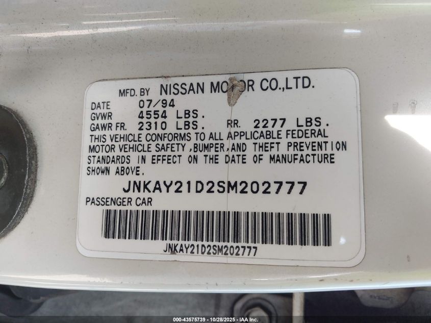 1995 Infiniti J30 VIN: JNKAY21D2SM202777 Lot: 43575739