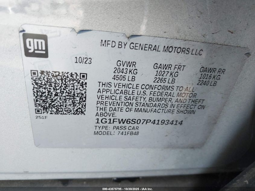 2023 Chevrolet Bolt Ev Fwd 1Lt VIN: 1G1FW6S07P4193414 Lot: 43575795