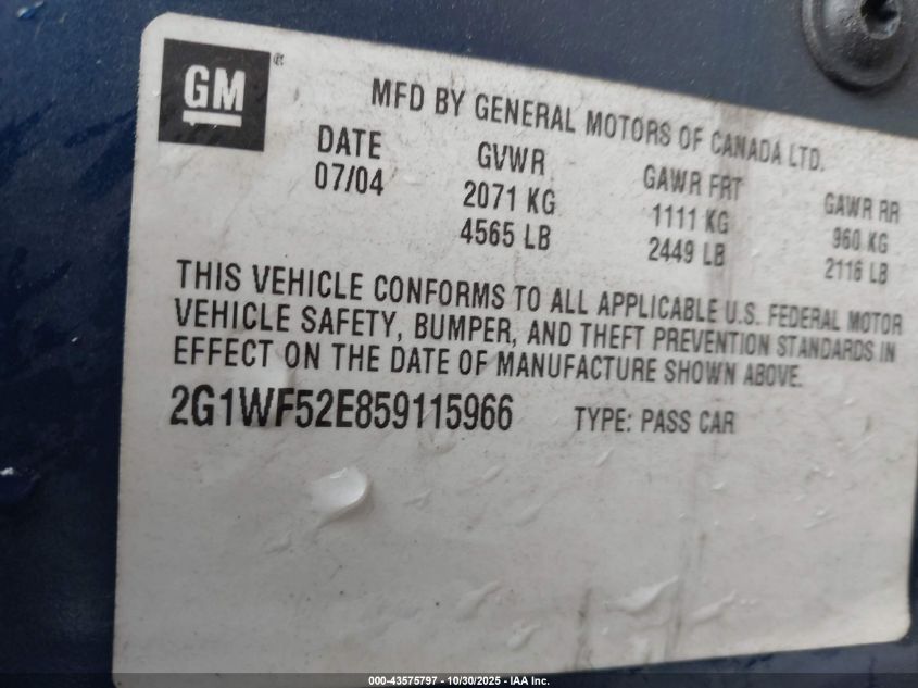 2005 Chevrolet Impala VIN: 2G1WF52E859115966 Lot: 43575797