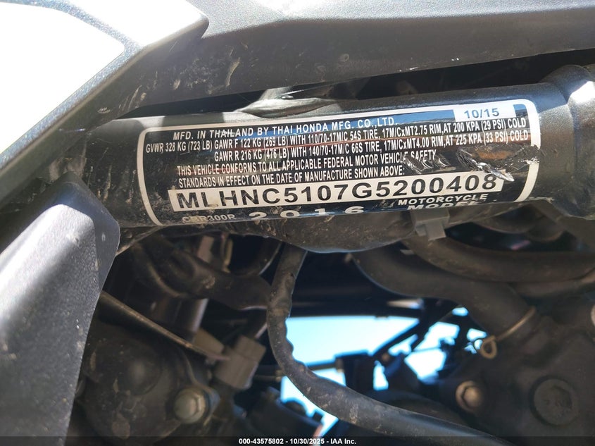 2016 Honda Cbr300 R VIN: MLHNC5107G5200408 Lot: 43575802