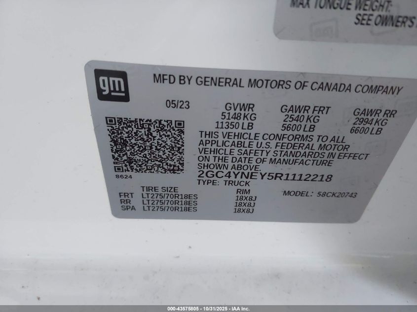 2024 Chevrolet Silverado 2500Hd 4Wd Standard Bed Lt VIN: 2GC4YNEY5R1112218 Lot: 43575805