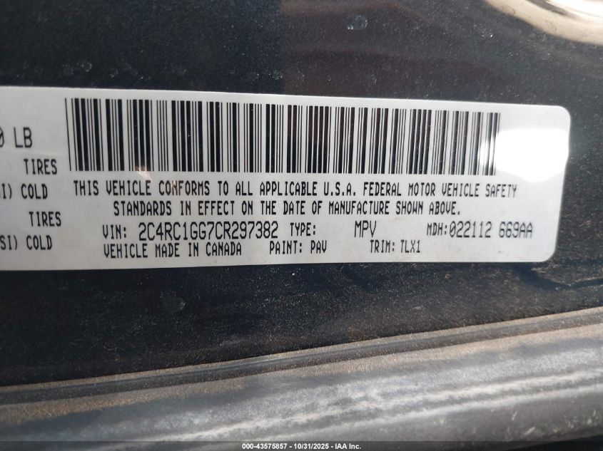 2012 Chrysler Town & Country Limited VIN: 2C4RC1GG7CR297382 Lot: 43575857