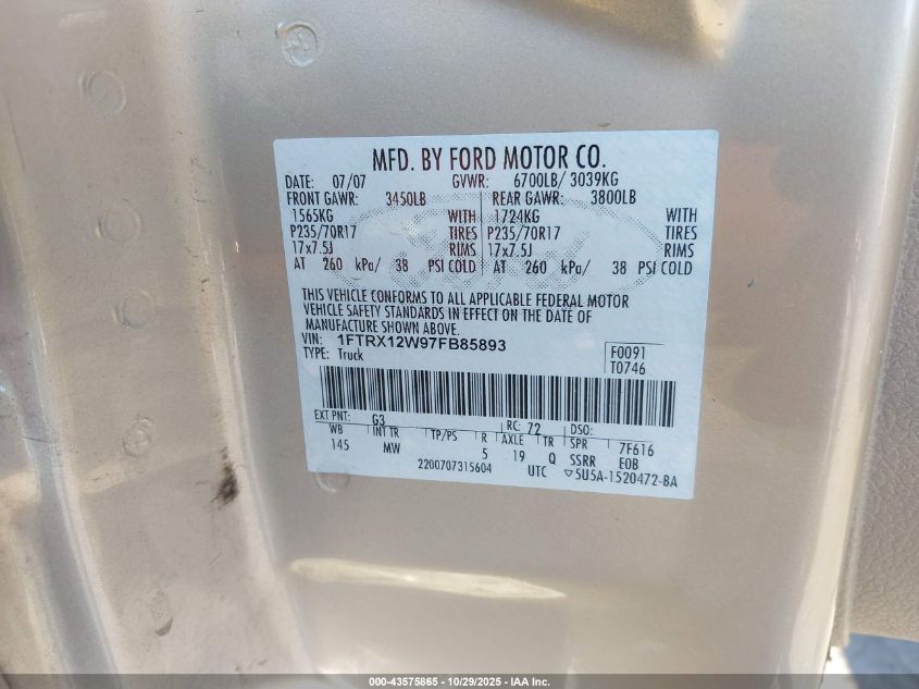 2007 Ford F-150 Stx/Xl/Xlt VIN: 1FTRX12W97FB85893 Lot: 43575865