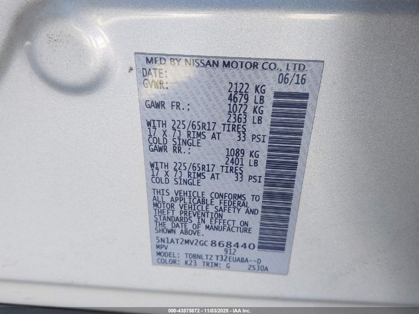 2016 Nissan Rogue Sv VIN: 5N1AT2MV2GC868440 Lot: 43575872