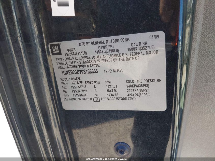 2009 Chevrolet Traverse Lt VIN: 1GNER23D79S163355 Lot: 43575898