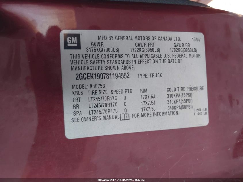 2008 Chevrolet Silverado 1500 Lt1 VIN: 2GCEK190781194552 Lot: 43575917