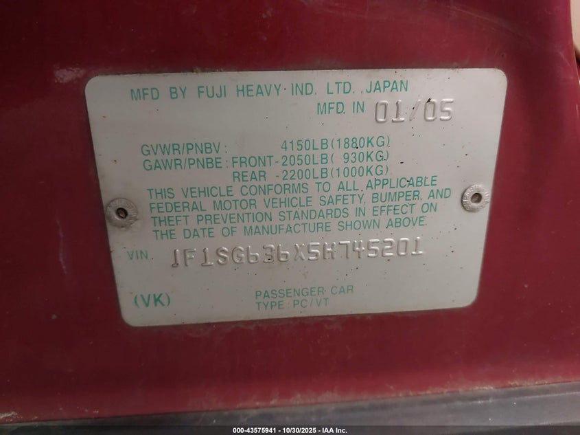 2005 Subaru Forester 2.5X VIN: JF1SG636X5H745201 Lot: 43575941