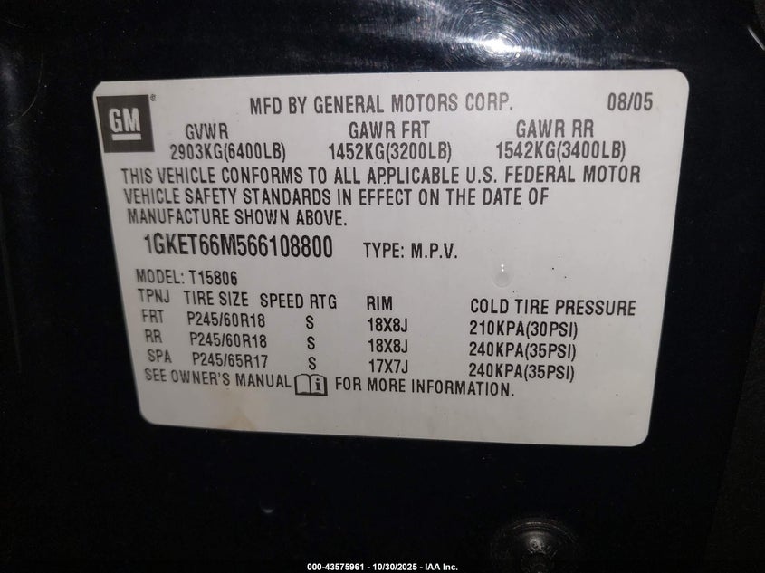 2006 GMC Envoy Xl Denali VIN: 1GKET66M566108800 Lot: 43575961