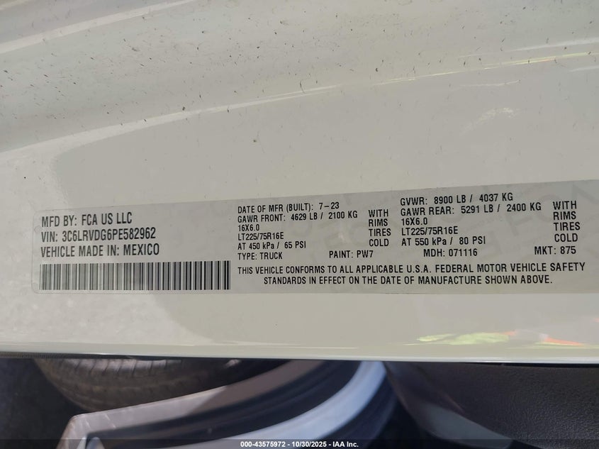 2023 Ram Promaster 2500 High Roof 159 Wb VIN: 3C6LRVDG6PE582962 Lot: 43575972