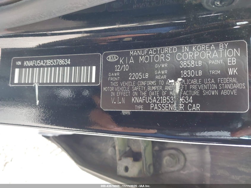 2011 Kia Forte Ex VIN: KNAFU5A21B5378634 Lot: 43576005