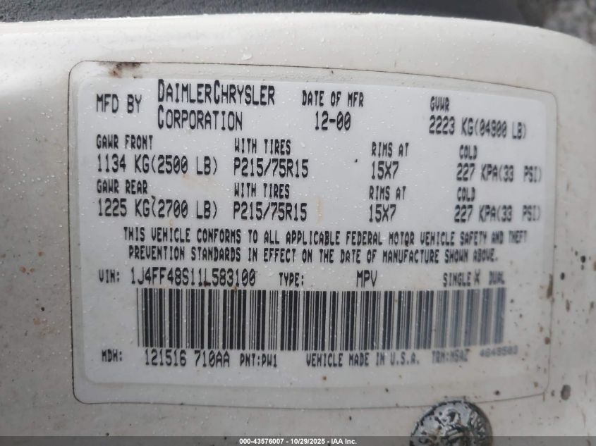 2001 Jeep Cherokee Sport VIN: 1J4FF48S11L583100 Lot: 43576007