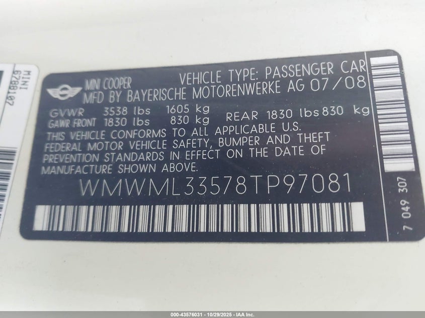 2008 Mini Cooper Clubman VIN: WMWML33578TP97081 Lot: 43576031
