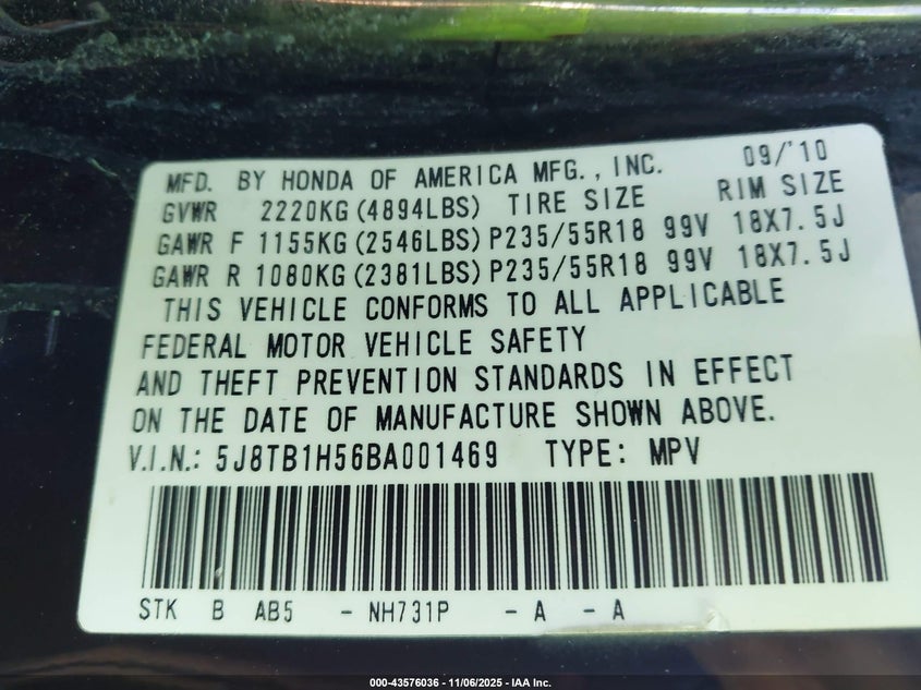 2011 Acura Rdx VIN: 5J8TB1H56BA001469 Lot: 43576036