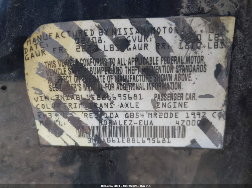 2008 Nissan Sentra 2.0S VIN: 3N1AB61E88L695681 Lot: 43576081