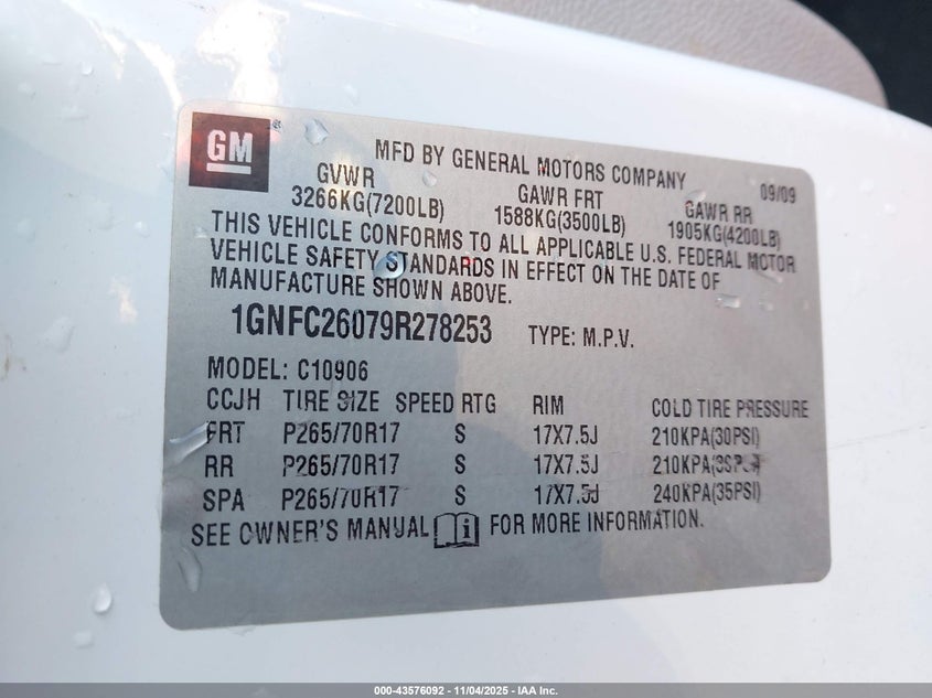1GNFC26079R278253 2009 CHEVROLET EXPRESS photo no. 9