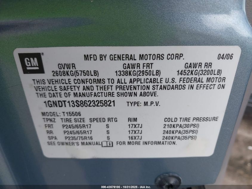 2006 Chevrolet Trailblazer Ls VIN: 1GNDT13S862325821 Lot: 43576100