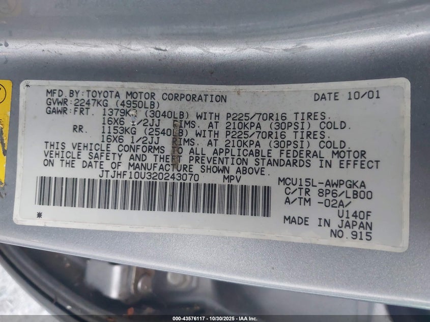 2002 Lexus Rx 300 VIN: JTJHF10U320243070 Lot: 43576117