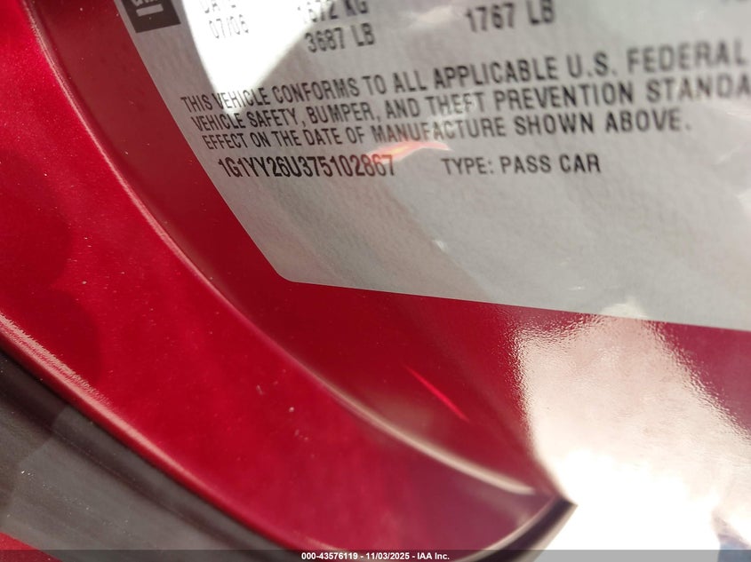 2007 Chevrolet Corvette VIN: 1G1YY26U375102867 Lot: 43576119