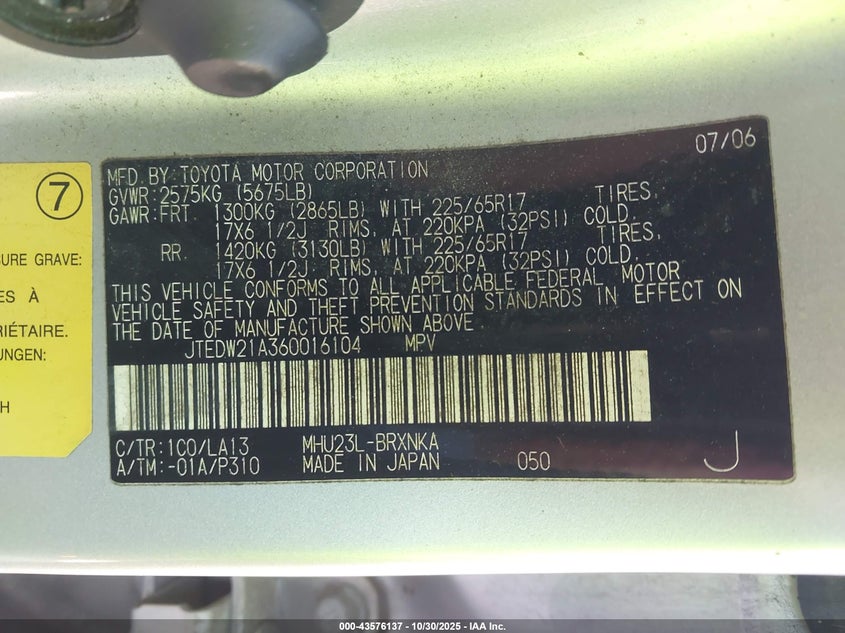 2006 Toyota Highlander Hybrid Limited V6 VIN: JTEDW21A360016104 Lot: 43576137