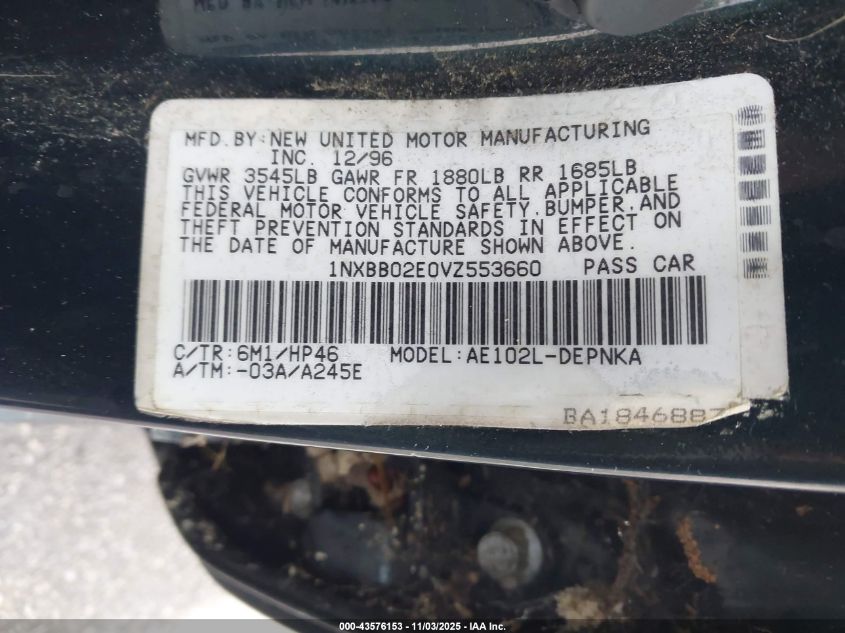 1997 Toyota Corolla Dx VIN: 1NXBB02E0VZ553660 Lot: 43576153