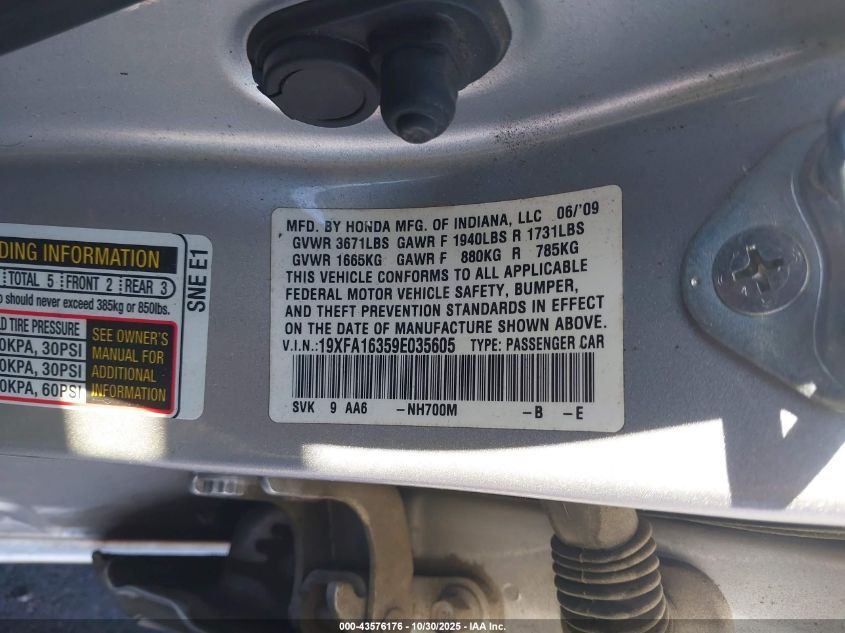 2009 Honda Civic Vp VIN: 19XFA16359E035605 Lot: 43576176