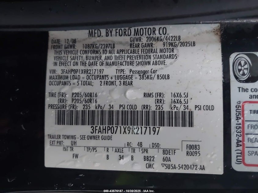 2009 Ford Fusion Se VIN: 3FAHP071X9R217197 Lot: 43576187