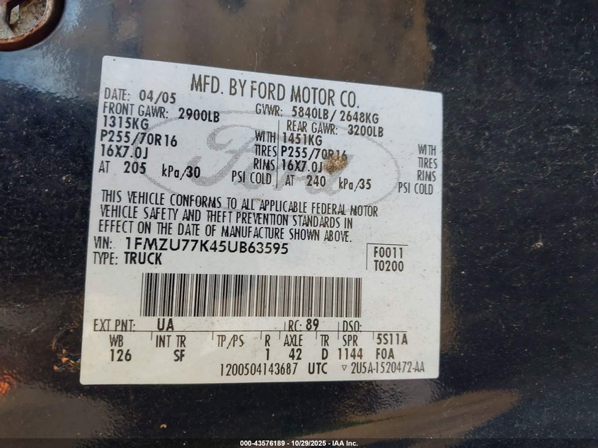 2005 Ford Explorer Sport Trac Adrenalin/Xls/Xlt VIN: 1FMZU77K45UB63595 Lot: 43576189