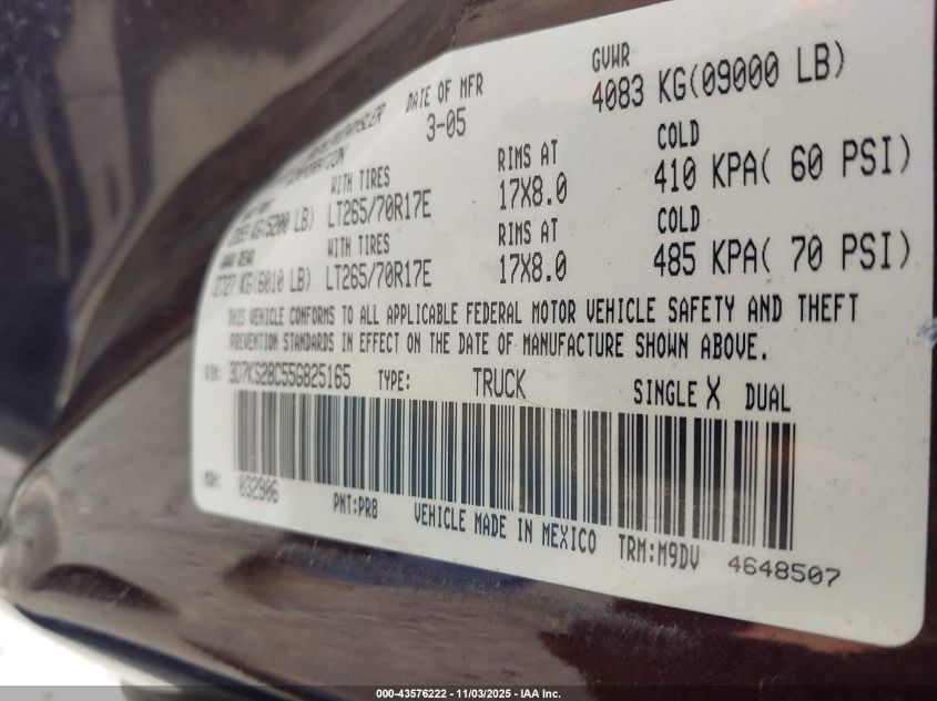 2005 Dodge Ram 2500 Slt/Laramie VIN: 3D7KS28C55G825165 Lot: 43576222