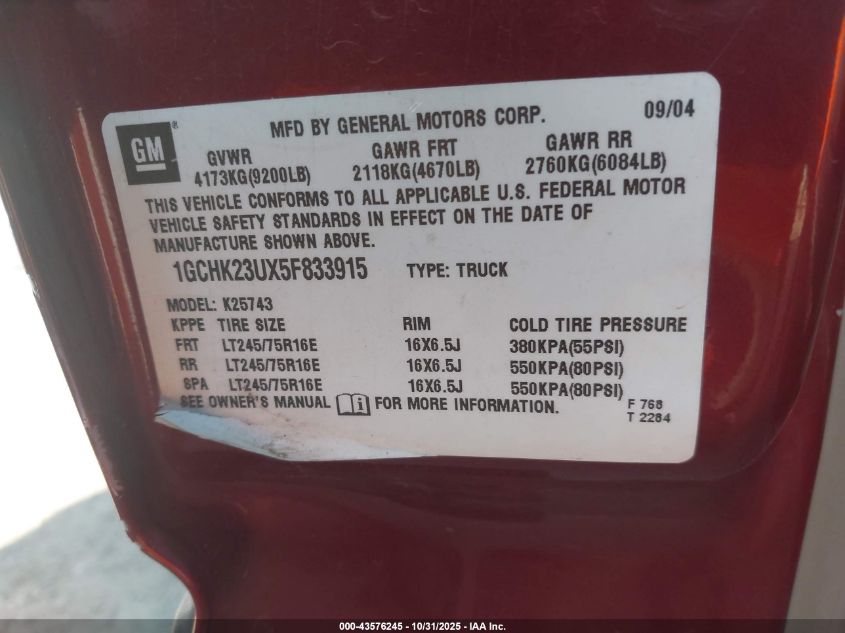 2005 Chevrolet Silverado 2500Hd Ls VIN: 1GCHK23UX5F833915 Lot: 43576245