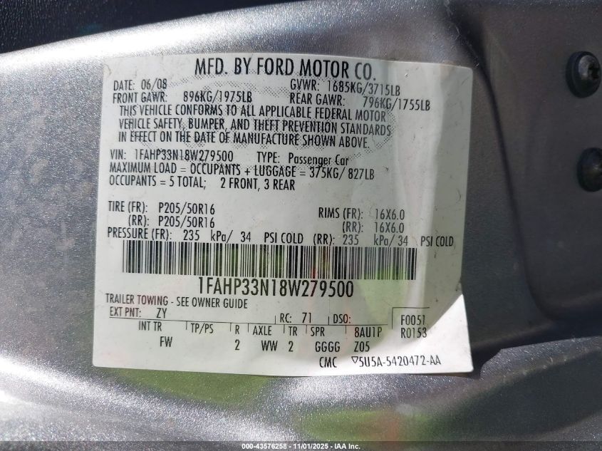 2008 Ford Focus Se/Ses VIN: 1FAHP33N18W279500 Lot: 43576258