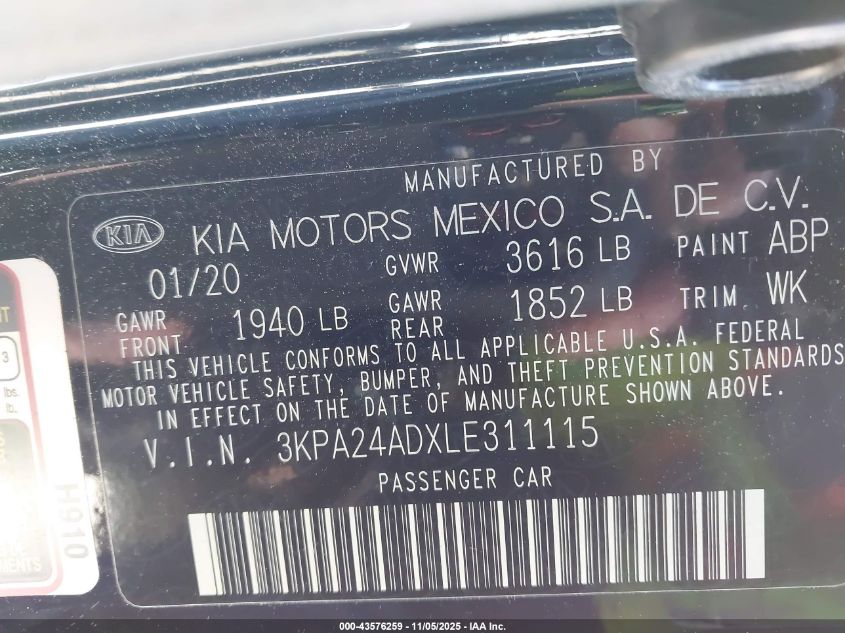 2020 Kia Rio Lx VIN: 3KPA24ADXLE311115 Lot: 43576259