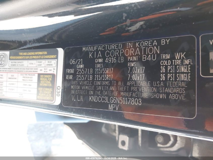 2022 Kia Niro Ev Ex VIN: KNDCC3LG6N5117803 Lot: 43576264