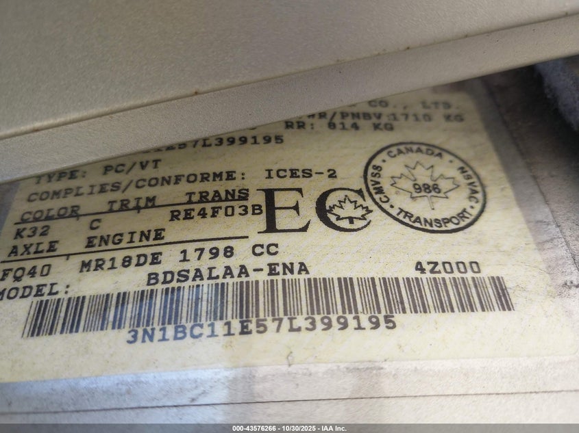 2007 Nissan Versa 1.8S VIN: 3N1BC11E57L399195 Lot: 43576266