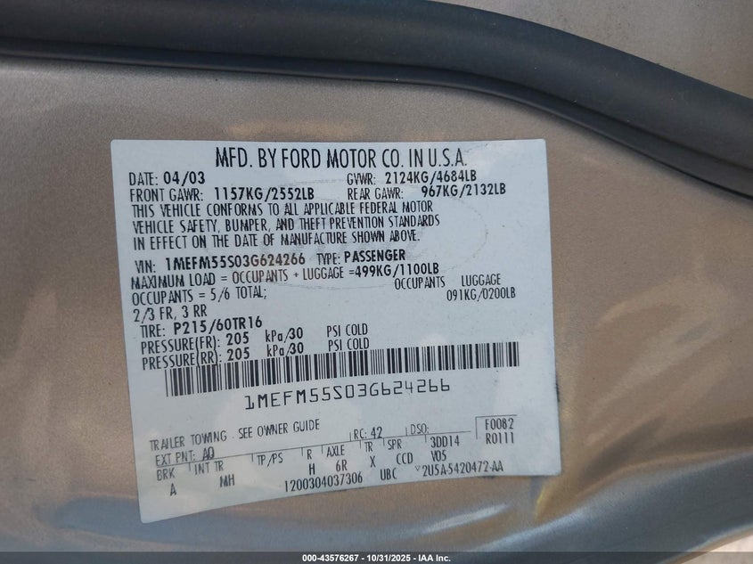 2003 Mercury Sable Ls Premium VIN: 1MEFM55S03G624266 Lot: 43576267