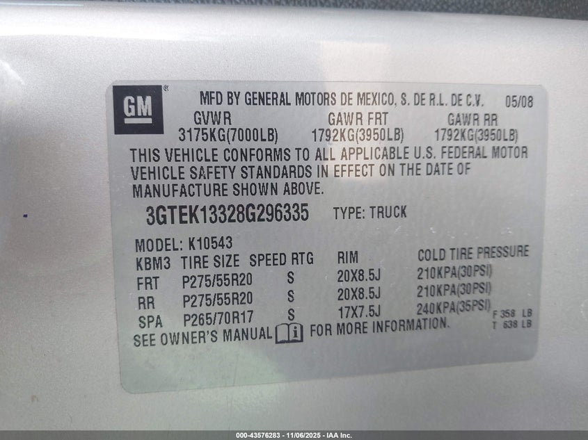 2008 GMC Sierra 1500 Sle1 VIN: 3GTEK13328G296335 Lot: 43576283